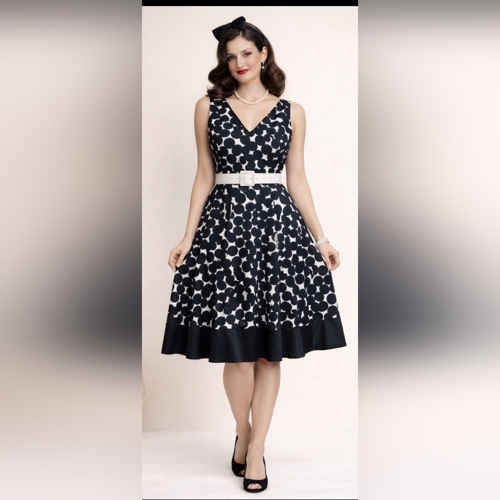 Retro Jones Wear Polka Dot Dress Size 10 Black White Sleeveless Fit Flare 50s
